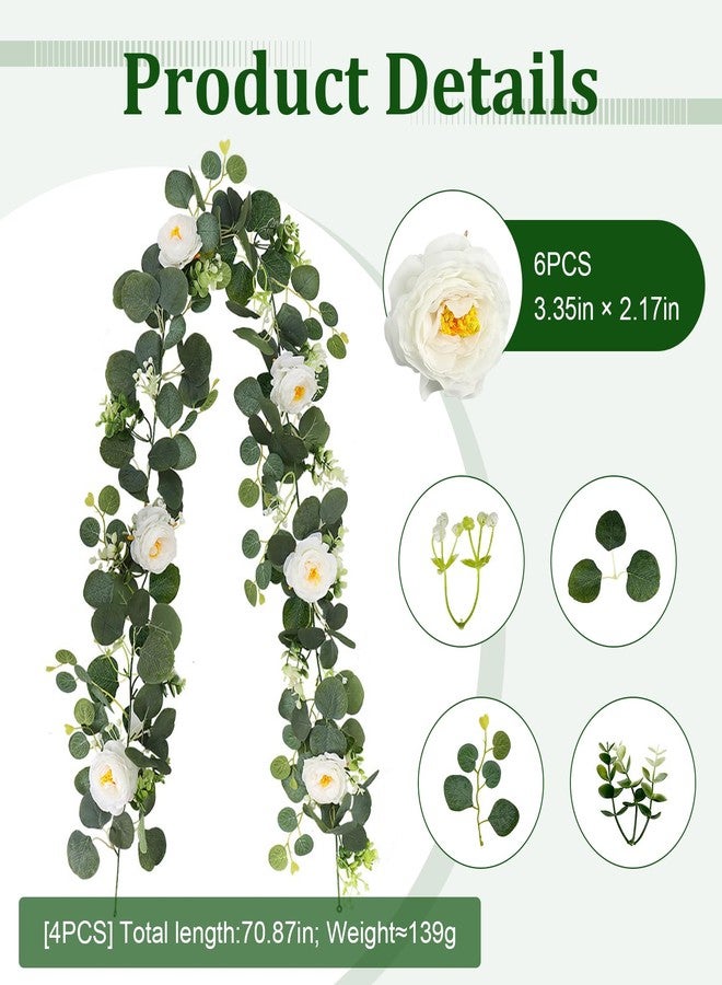 FALESHOS 4-Pack Artificial Eucalyptus Garland with Flowers, Total 23.6FT 24 White Roses Baby's Breath Garland Floral Greenery for Wedding Party Centerpiece Table Runner Backdrop Wall Decor - Image 2