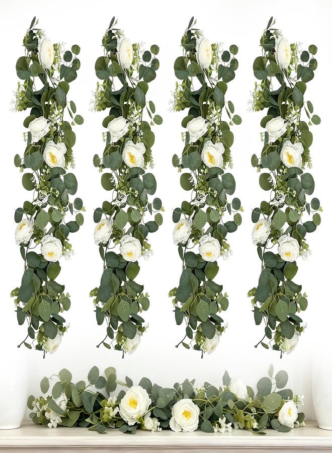 FALESHOS 4-Pack Artificial Eucalyptus Garland with Flowers, Total 23.6FT 24 White Roses Baby's Breath Garland Floral Greenery for Wedding Party Centerpiece Table Runner Backdrop Wall Decor - Image 1