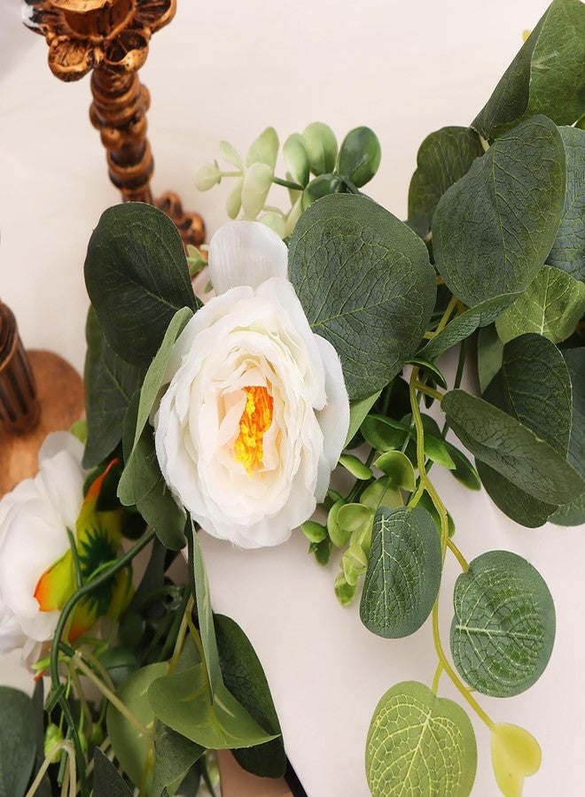 FALESHOS 4-Pack Artificial Eucalyptus Garland with Flowers, Total 23.6FT 24 White Roses Baby's Breath Garland Floral Greenery for Wedding Party Centerpiece Table Runner Backdrop Wall Decor - Image 3