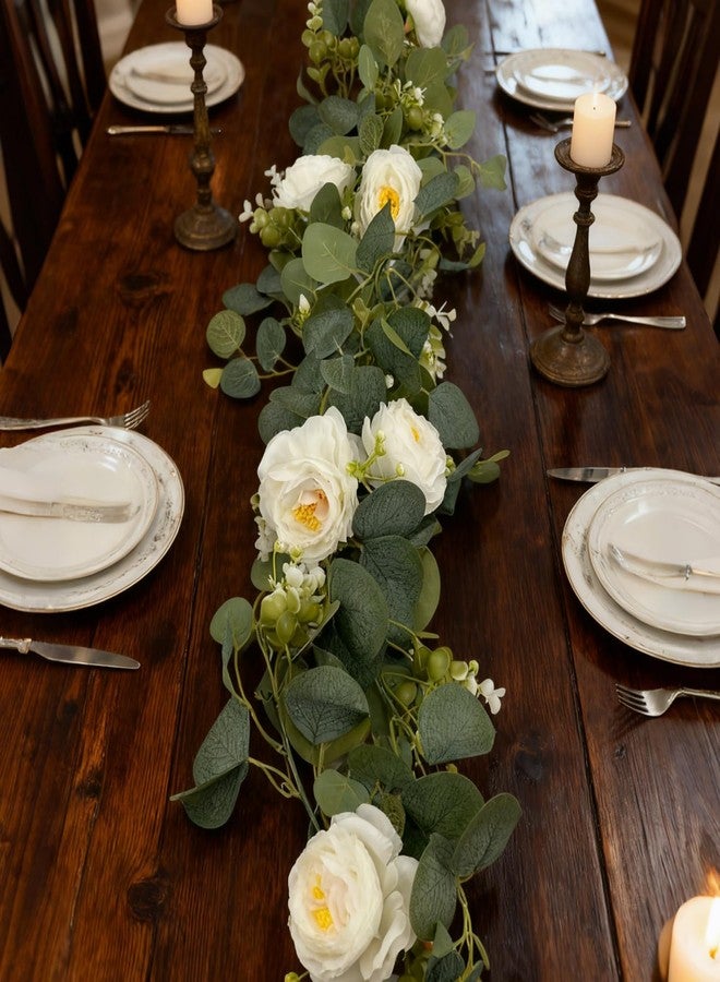 FALESHOS 4-Pack Artificial Eucalyptus Garland with Flowers, Total 23.6FT 24 White Roses Baby's Breath Garland Floral Greenery for Wedding Party Centerpiece Table Runner Backdrop Wall Decor - Image 4