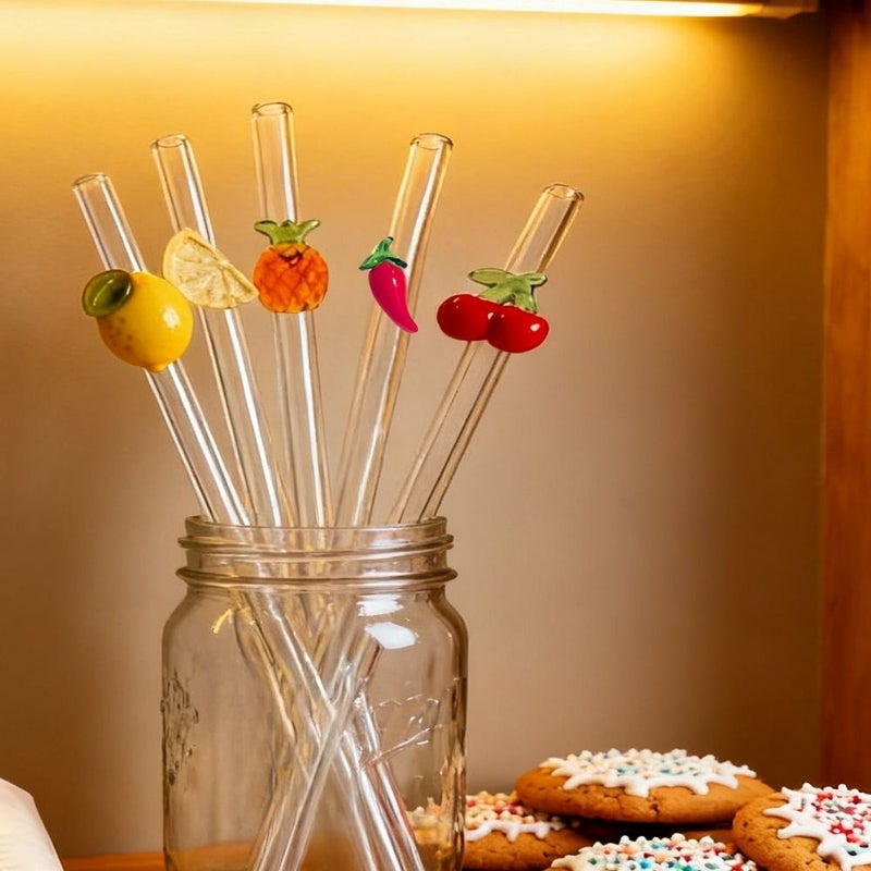 Sangria Style Set Of 5 Reusable Glass Straws With Cleaning Brush For Hot Cold Drinks - Image 5