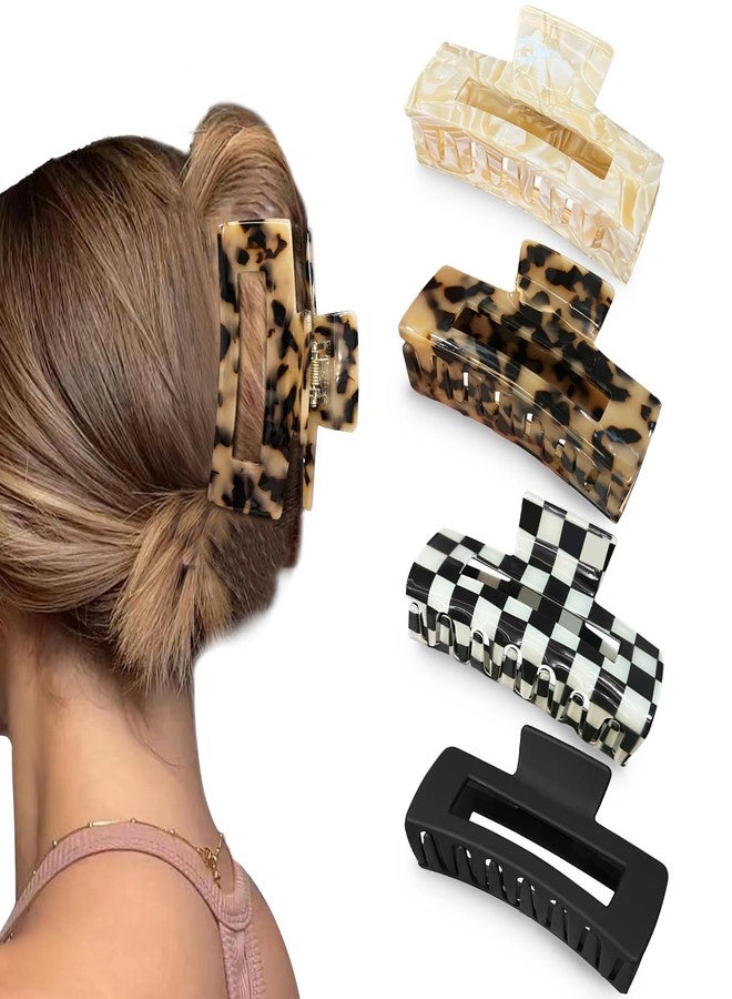 Bmobuo 4.1" Hair Clips for Women 4PCS - Matte Black, Mica, Checkered, Tortoise, Acetate Claw Clips for Thick, Long, Thin Hair - Image 1