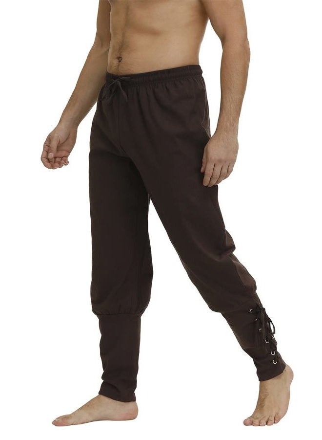 Kranchungel Pirate Pants Men's Viking Cosplay Medieval Renaissance Pirate Costume Ankle Banded Lace-up Trouser Outfit, Brown, S - Image 3