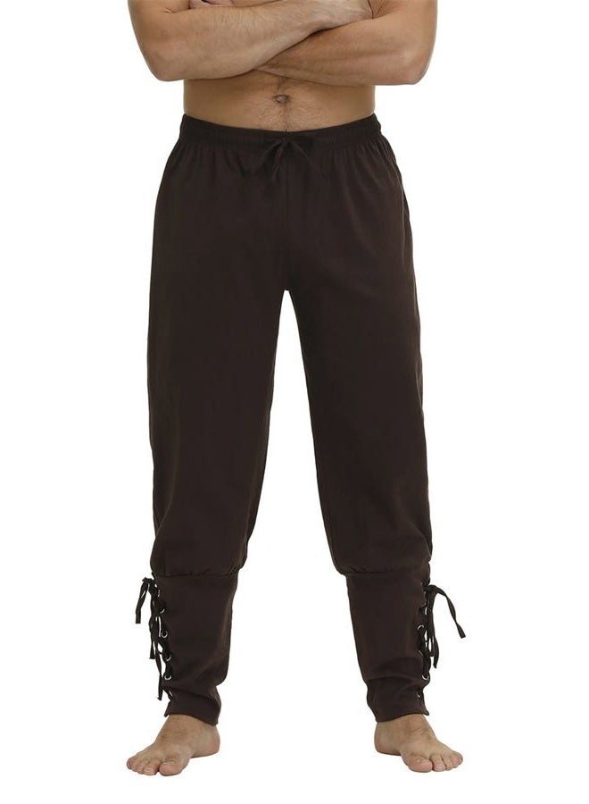 Kranchungel Pirate Pants Men's Viking Cosplay Medieval Renaissance Pirate Costume Ankle Banded Lace-up Trouser Outfit, Brown, S - Image 2