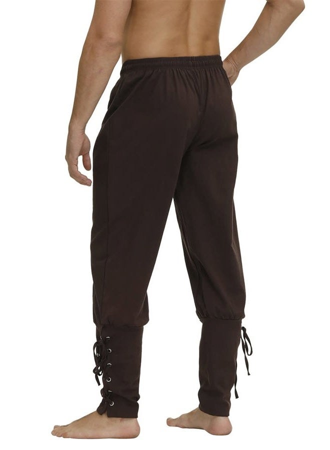 Kranchungel Pirate Pants Men's Viking Cosplay Medieval Renaissance Pirate Costume Ankle Banded Lace-up Trouser Outfit, Brown, S - Image 4