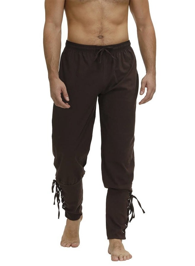 Kranchungel Pirate Pants Men's Viking Cosplay Medieval Renaissance Pirate Costume Ankle Banded Lace-up Trouser Outfit, Brown, S - Image 1