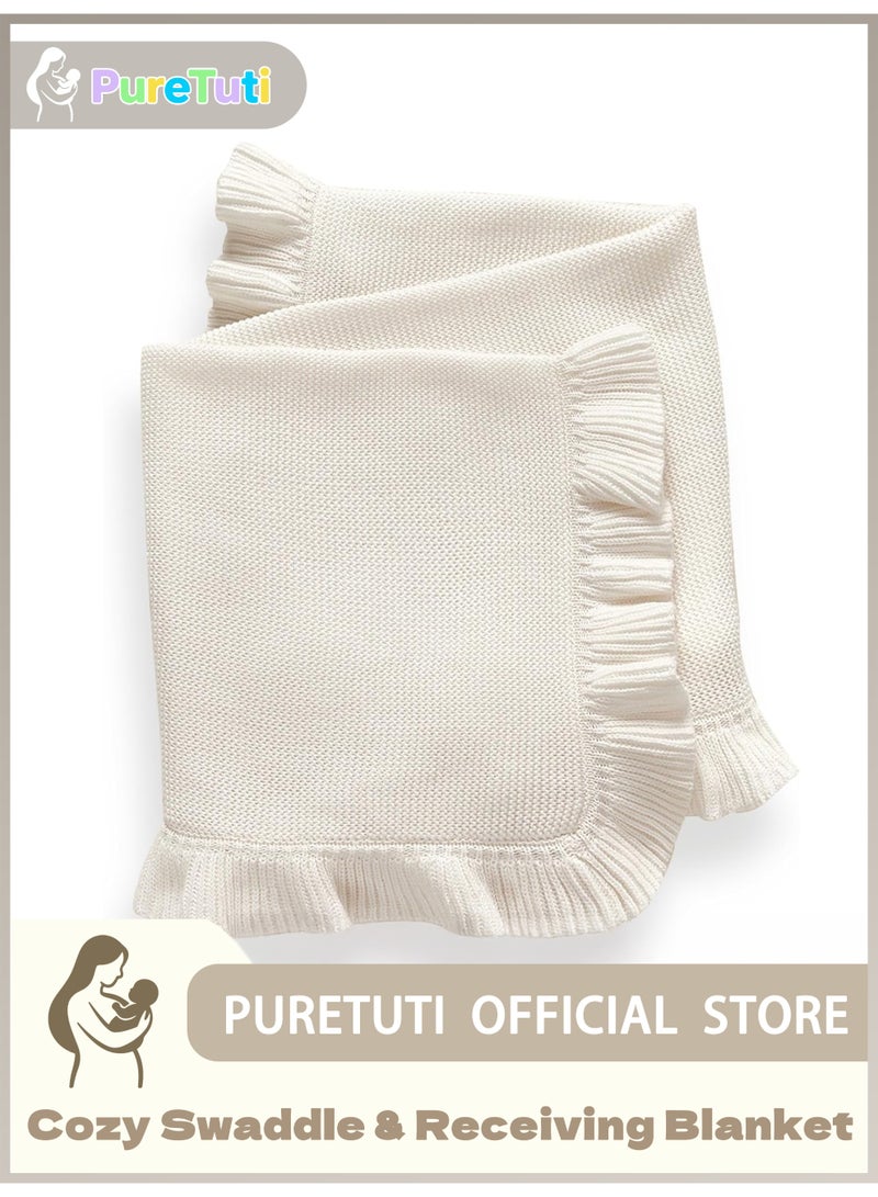 PureTuti Knit Baby Blanket – 27.5"x35.4" Baby Blanket for Newborn Girl and Boy – Receiving Swaddle Blanket– Soft Knitted Baby Blanket – Baby Gifts for Baby Shower (White) - Image 1