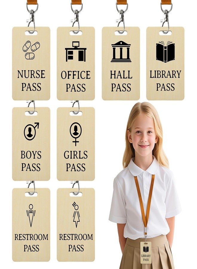 Alphatool 8 Sets School Hall Pass Lanyards - Sturdy Wooden Passes for Classrooms Hall Library Office Restroom Nurse Student Teacher Supplies - Image 1