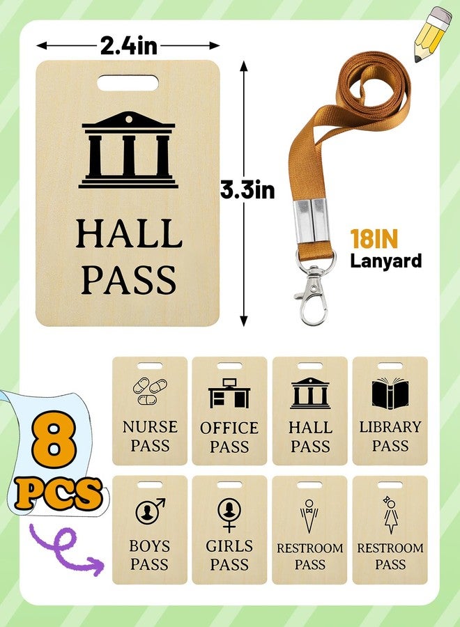 Alphatool 8 Sets School Hall Pass Lanyards - Sturdy Wooden Passes for Classrooms Hall Library Office Restroom Nurse Student Teacher Supplies - Image 5