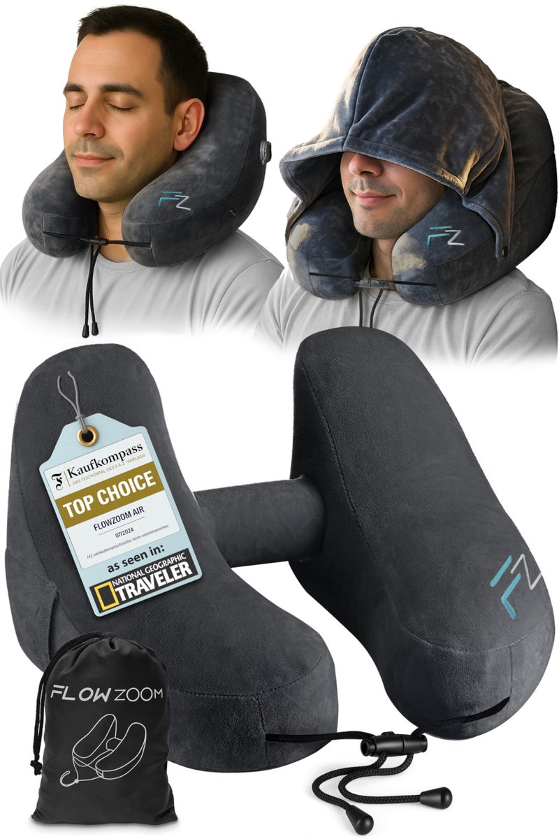 FLOWZOOM Air Inflatable Neck Pillow for Traveling on Plane - H-Shape Hooded Airplane Pillow with 5 Snooze Modes, Fast Inflation, Pressure Control, Cozy Clip-On Hood & Plushy Cover - Size L, Jet Black - Image 1