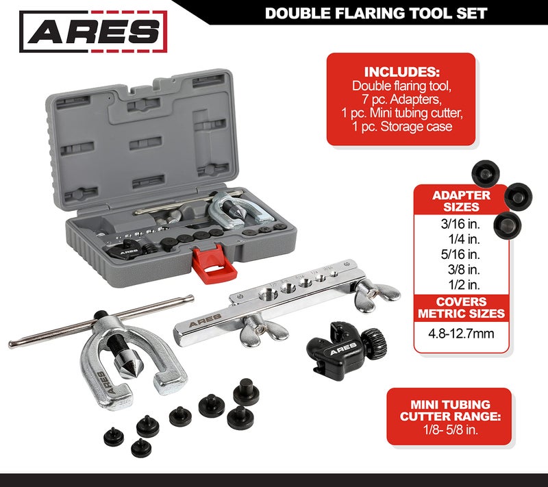 ARES 18019 - Double Flaring Tool Set with Extra Adapters- Use on Copper, Aluminum, Soft Steel Brake Line and Brass Tubing - Includes Mini Tubing Cutter and Storage Case - Image 2