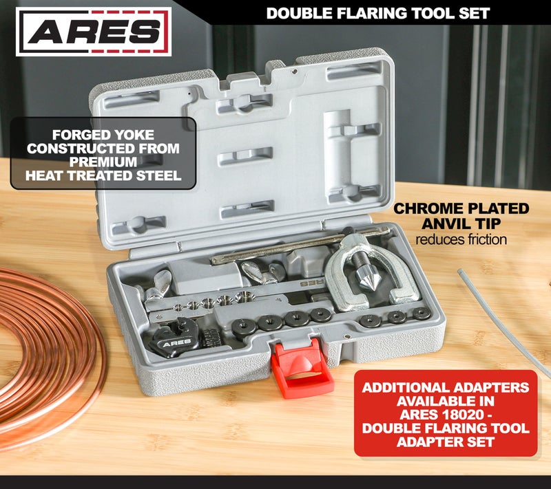 ARES 18019 - Double Flaring Tool Set with Extra Adapters- Use on Copper, Aluminum, Soft Steel Brake Line and Brass Tubing - Includes Mini Tubing Cutter and Storage Case - Image 4