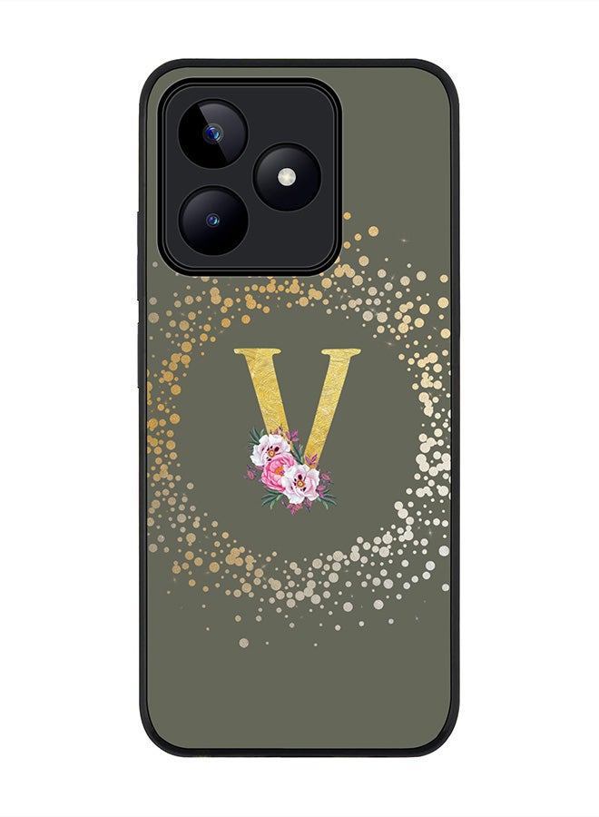 Stylizedd Rugged Black edge case for Realme C51 / Realme Note 50 4G,Custom Monogram Initial Letter Floral Pattern Alphabet - V (Olive Green) - Image 1