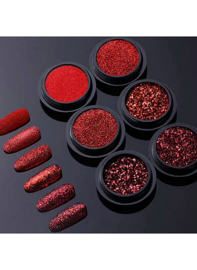 XIELIME - Nail Art Glitter Sequins 6 Boxes Red Crystal Diamond Nail Powder 3D Holographic Nail Art Powder Shiny Flakes Acrylic Nail Glitters Set For Valentine'S Day Nail Decoration Manicure Tips Charms - Image 1