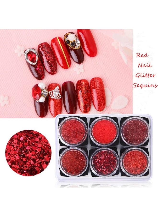 XIELIME - Nail Art Glitter Sequins 6 Boxes Red Crystal Diamond Nail Powder 3D Holographic Nail Art Powder Shiny Flakes Acrylic Nail Glitters Set For Valentine'S Day Nail Decoration Manicure Tips Charms - Image 1