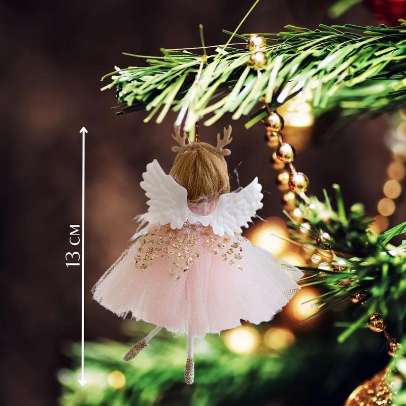 Designer Christmas Tree Decoration Angel Set of 2 Pieces with White and Pink Wings, White Feathers on Neck, Ballerina Angel Color Name, Toy Set x 2 Pieces for New Year Tree Home Interior Decoration - Image 4