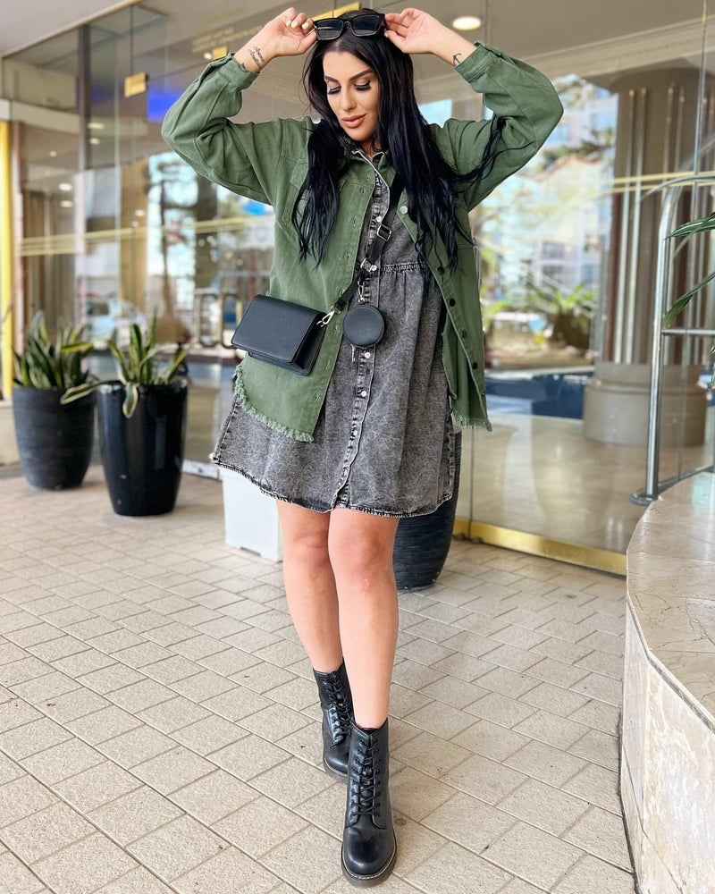 Vetinee Women's Western Jackets for Women Oversized Boyfriend Elm Green Front Button Up Frayed Raw Hem Long Sleeve Pockets Denim Jean Jacket Shacket Small Size 4 Size 6 - Image 3