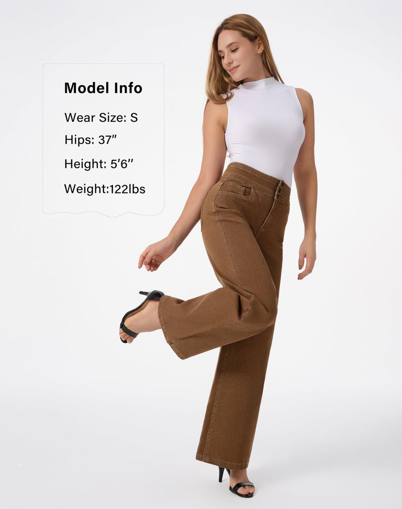 roswear Women's Wide Leg Jeans Casual High Waisted Stretch Baggy Loose Denim Pants Saddle Brown Large - Image 3