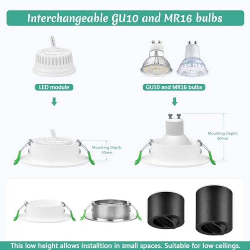 وحدة LED 230 فولت قطر مسطح للغاية 50 × 23 مم للأضواء الكاشفة المثبتة على السطح 5 وات 500 لومن IP44 زاوية شعاع 120 درجة 4000 ك استبدال أبيض محايد قابل للتعتيم مجموعة مصابيح MR16/GU10 - Image 4