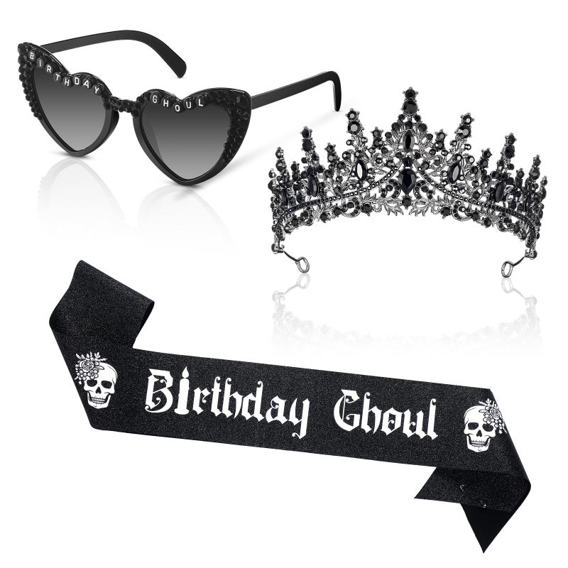 Canlierr 3 Pcs Birthday Ghoul Party Accessories Set Gothic Black Sparkling Diamond Crown Sash Death to My 20s/30s Sunglasses for Women Ghost Spooky Emo Bday Costume Gift Birthday Party Decoration - Image 1