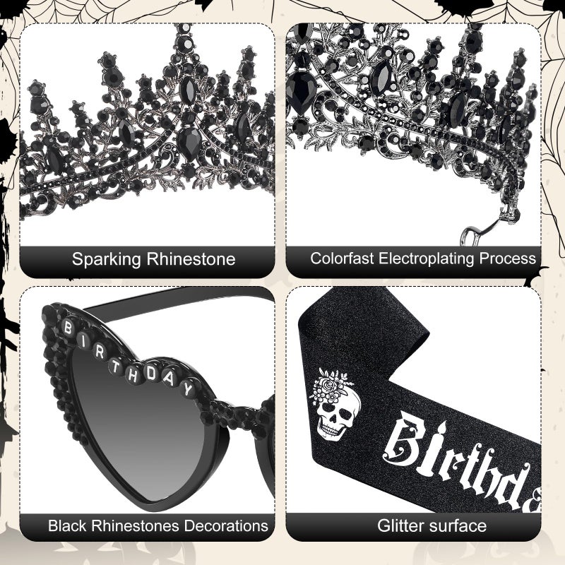 Canlierr 3 Pcs Birthday Ghoul Party Accessories Set Gothic Black Sparkling Diamond Crown Sash Death to My 20s/30s Sunglasses for Women Ghost Spooky Emo Bday Costume Gift Birthday Party Decoration - Image 4