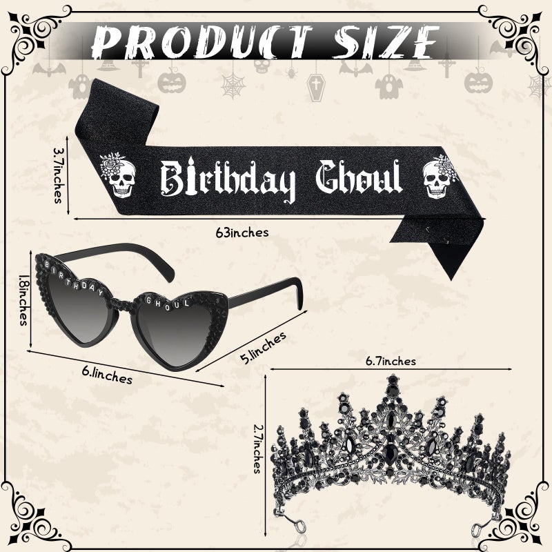 Canlierr 3 Pcs Birthday Ghoul Party Accessories Set Gothic Black Sparkling Diamond Crown Sash Death to My 20s/30s Sunglasses for Women Ghost Spooky Emo Bday Costume Gift Birthday Party Decoration - Image 2