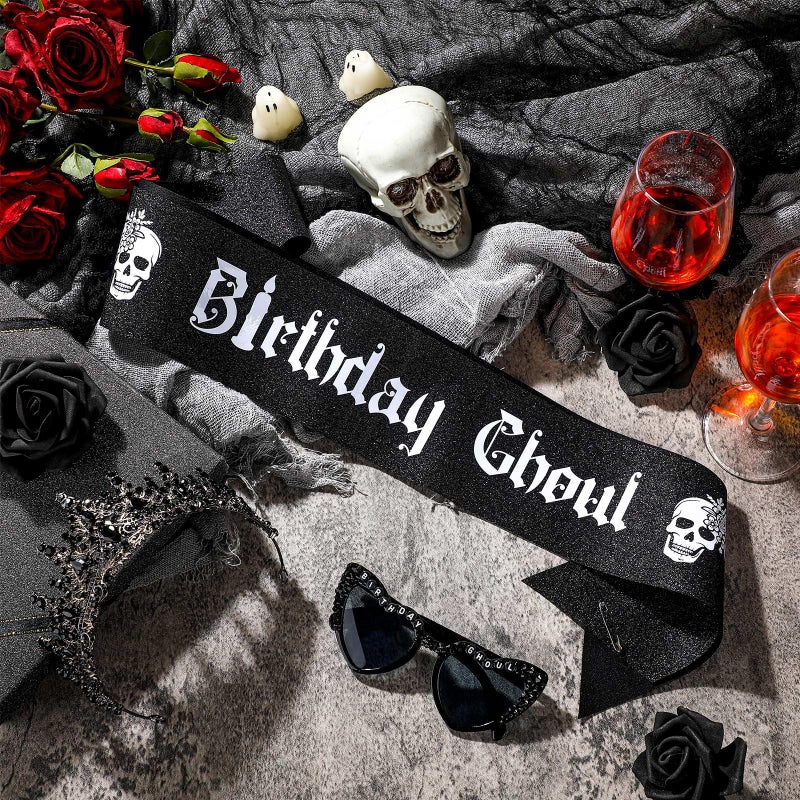 Canlierr 3 Pcs Birthday Ghoul Party Accessories Set Gothic Black Sparkling Diamond Crown Sash Death to My 20s/30s Sunglasses for Women Ghost Spooky Emo Bday Costume Gift Birthday Party Decoration - Image 5