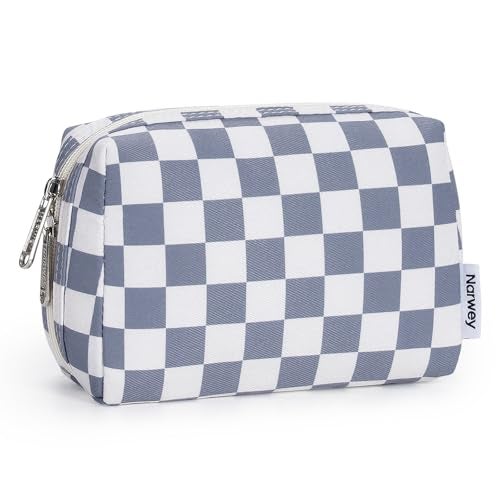 Narwey Small Checkered Makeup Bag for Purse Mini Cosmetic Bag Travel Makeup Pouch Zipper Pouch Cute Make up Bags with Compartments for Women Girls (Grayish Blue Checkerboard, Small) - Image 1