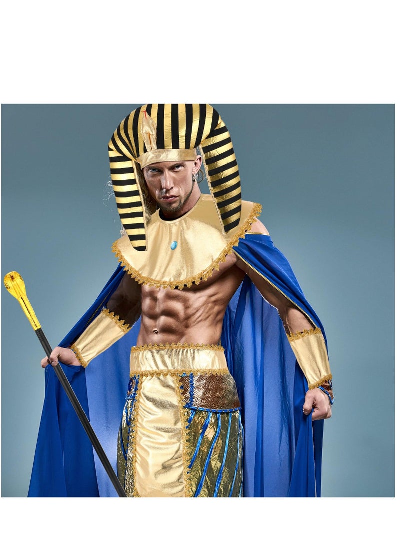 Egyptian Pharaoh Costume Cosplay Set, 5 Pcs Men Egyptian Costume for Masquerade Ball & Cosplay Party, Included Pharaoh Hat Egyptian Headpiece, Cuffs, Cobra King Cane, Egyptian Belt, Pharaoh Collar - Image 3