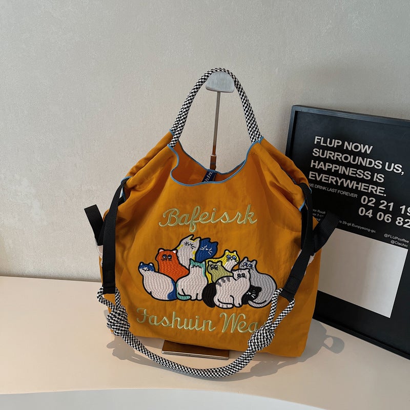 Japanese-Style Casual Tote Bag For Women, Canvas Bag, Ins Embroidery, Handheld, Fresh Cartoon Shoulder Bag, Versatile Three-Dimensional