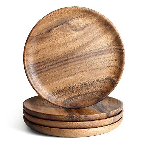IQCWOOD 4 Pcs Wooden Dinner Plates 8 Inch Acacia Wood Dinner Plates for Eating Wooden Serving Platter for Food Sandwich Dessert Salad Plate Fruit Platters Round Tray Wood Charger Plate
