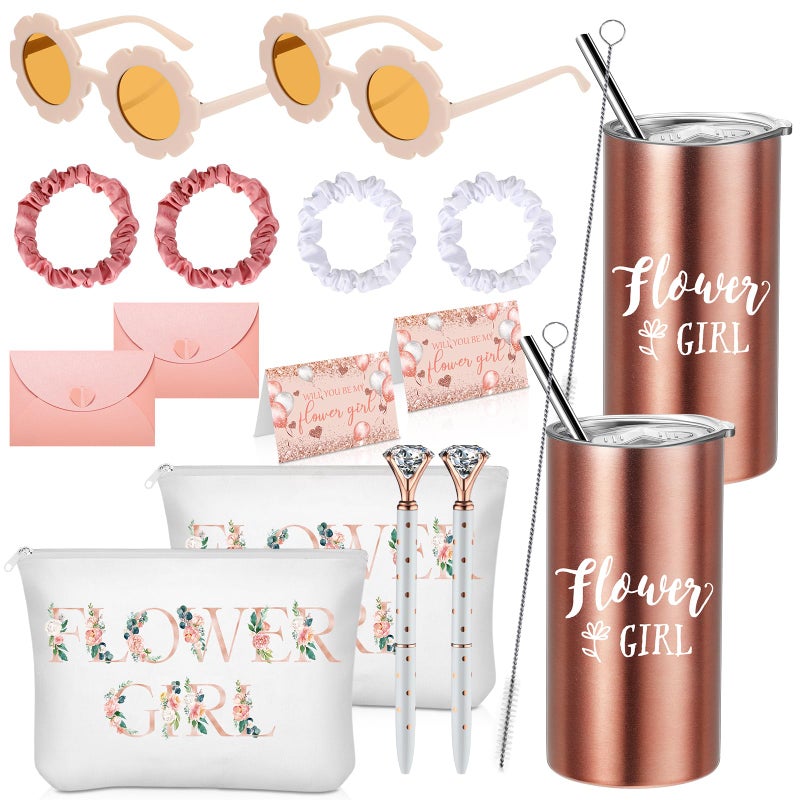 Sieral Sieral 16 Pcs Flower Girl Proposal Gifts Tumblers with Card Envelope Canvas Makeup Bag Sunglasses Hair Scrunchies Diamond Pen for Wedding Bridal ShowerFlowerRose Gold