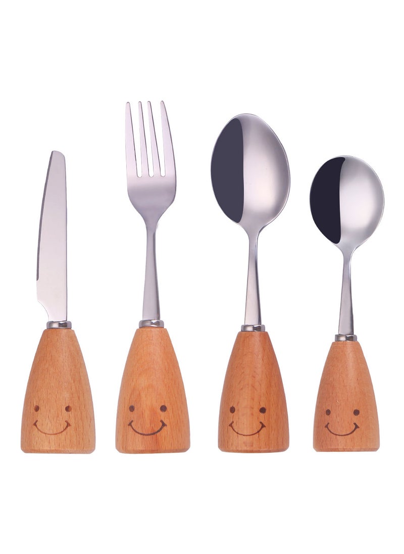 NIBEMINENT - 4-Piece Kids Stainless Steel Knife Fork Spoon Set With Wooden Handle Silver/Brown - Image 1
