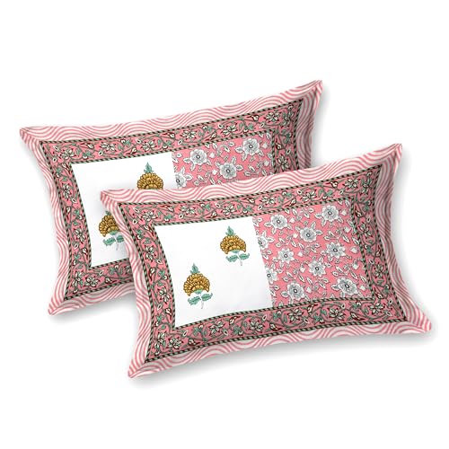 ElanorHomes 240 TC Cotton Double King Size Bedsheet | Jaipuri Hand Printed | Ultra-Soft & Skin-Safe | Breathable Summer Comfort | 93x108 inches with 2 Pillow Covers (Gulabi Baagh) - Image 5