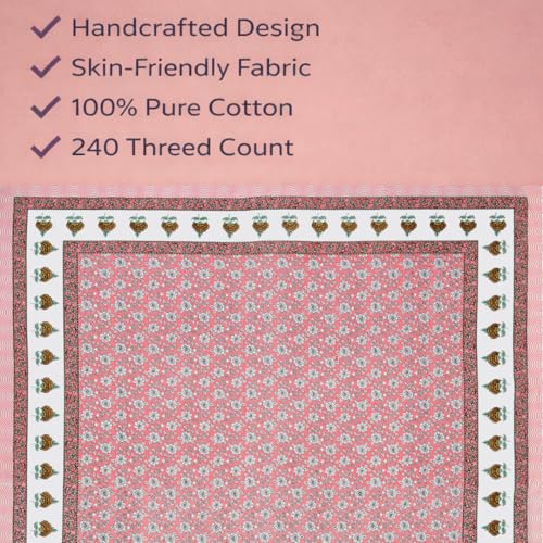 ElanorHomes 240 TC Cotton Double King Size Bedsheet | Jaipuri Hand Printed | Ultra-Soft & Skin-Safe | Breathable Summer Comfort | 93x108 inches with 2 Pillow Covers (Gulabi Baagh) - Image 3