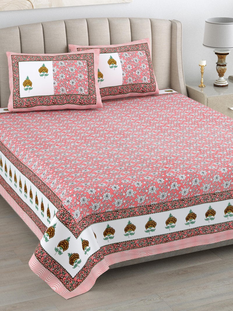 ElanorHomes 240 TC Cotton Double King Size Bedsheet | Jaipuri Hand Printed | Ultra-Soft & Skin-Safe | Breathable Summer Comfort | 93x108 inches with 2 Pillow Covers (Gulabi Baagh) - Image 1