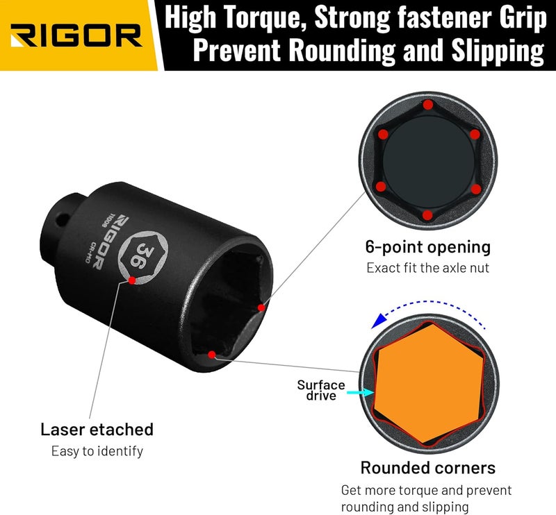 Rigor 11008 36mm Axle Nut Impact Socket | 1/2-Inch Drive, 6 Point, Deep, CR-MO, Metric | Quick-Fit for Hog Ring Anvil | Laser Etched - Image 3
