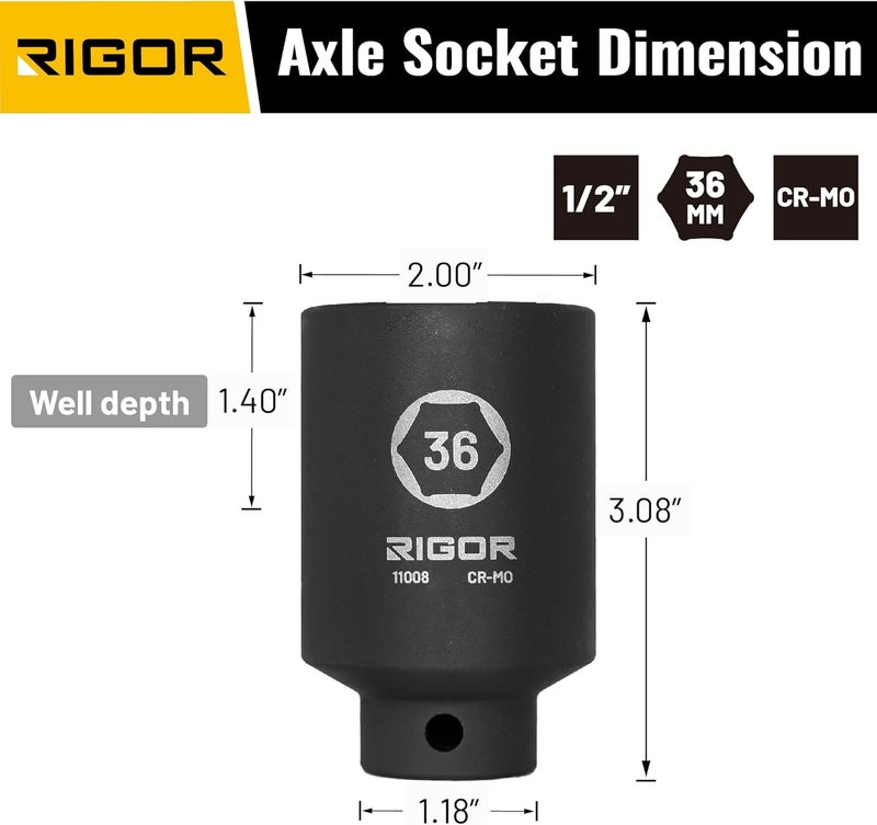 Rigor 11008 36mm Axle Nut Impact Socket | 1/2-Inch Drive, 6 Point, Deep, CR-MO, Metric | Quick-Fit for Hog Ring Anvil | Laser Etched - Image 2