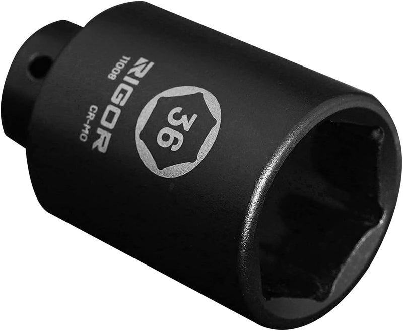 Rigor 11008 36mm Axle Nut Impact Socket | 1/2-Inch Drive, 6 Point, Deep, CR-MO, Metric | Quick-Fit for Hog Ring Anvil | Laser Etched - Image 1