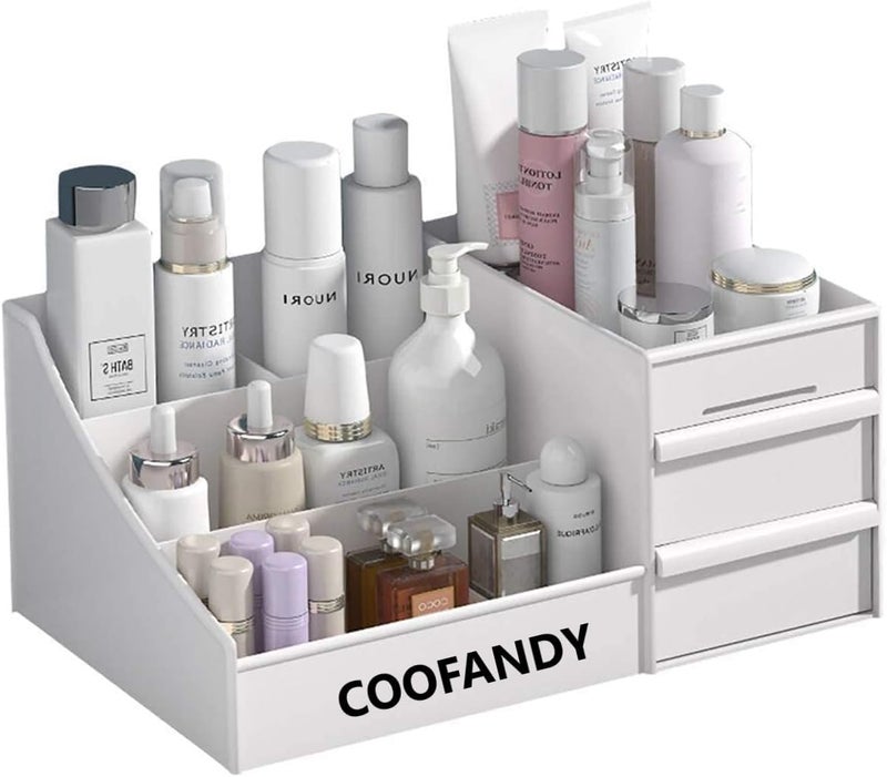 COOFANDY White Makeup Desk Organiser with Drawers, for Home & Office Plastic Stationary Box, 7 compartments Plastic Case Holder Skin Care Products for Dressing Table - Image 1