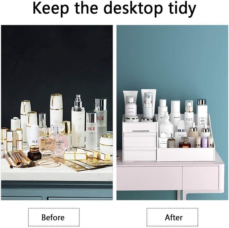 COOFANDY White Makeup Desk Organiser with Drawers, for Home & Office Plastic Stationary Box, 7 compartments Plastic Case Holder Skin Care Products for Dressing Table - Image 3