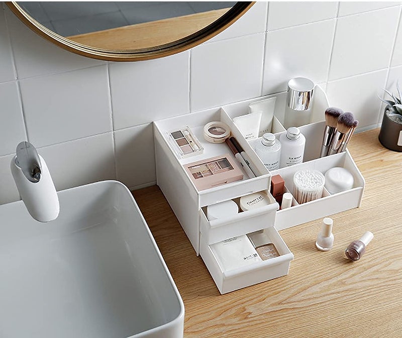 COOFANDY White Makeup Desk Organiser with Drawers, for Home & Office Plastic Stationary Box, 7 compartments Plastic Case Holder Skin Care Products for Dressing Table - Image 4
