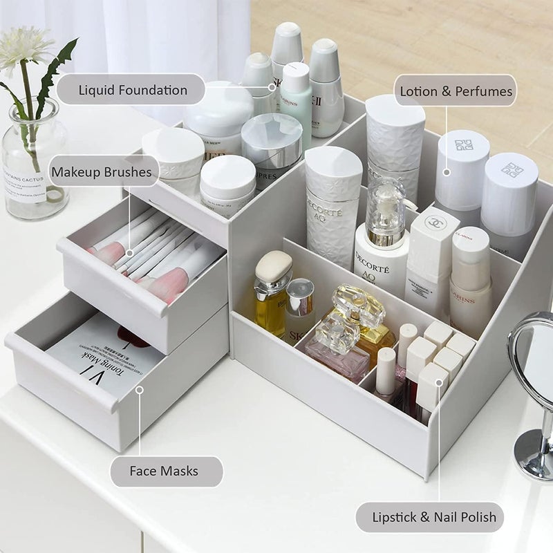 COOFANDY White Makeup Desk Organiser with Drawers, for Home & Office Plastic Stationary Box, 7 compartments Plastic Case Holder Skin Care Products for Dressing Table - Image 2