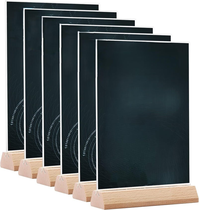 BEST MEDIA A5 Menu Card Holder, 6-Pack Clear Acrylic T-Stand with Wooden Base, Double-Sided Display Stand for Menus, Flyers, Documents and Signage, For Restaurants, Cafés, and Office Desks, Clear
