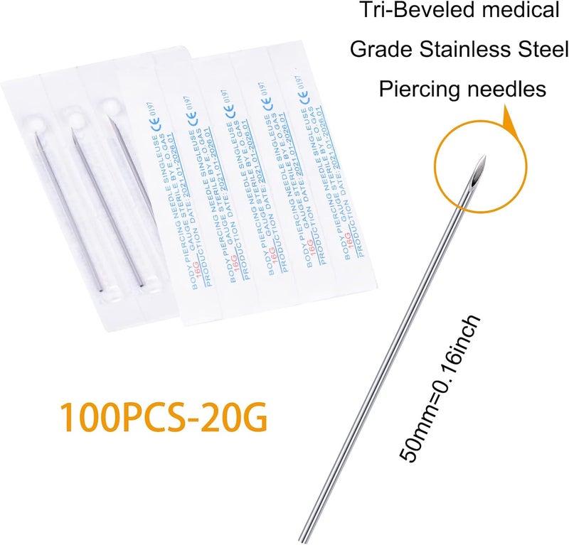 DJCIW 100 قطعة من إبر ثقب الجسم مقاس 20G، إبر ثقب من الفولاذ المقاوم للصدأ معقمة يمكن التخلص منها لثقب الأنف وحلقة الأنف وبرغي الأنف والحاجز والأذن - Image 2