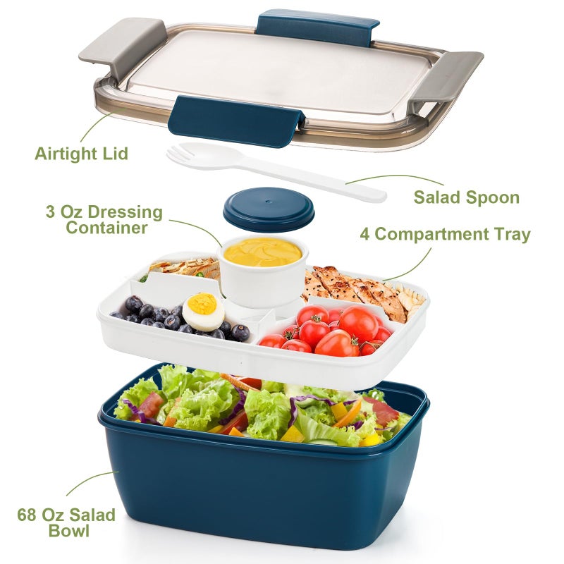 Youeon 3 Pcs 68 Oz Salad Lunch Container with 4 Compartment Tray, Bento Lunch Box with Spoon & Dressing Cup, Leakproof Salad Container for Lunch, Toppings, Snacks, Fruits, BPA-Free - Image 3