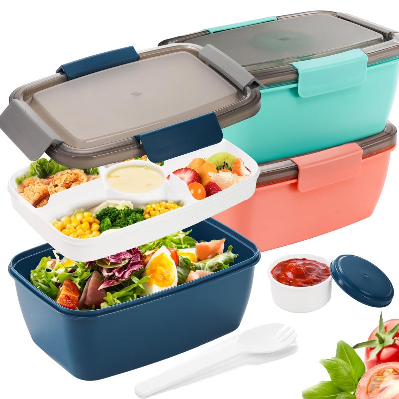 Youeon 3 Pcs 68 Oz Salad Lunch Container with 4 Compartment Tray, Bento Lunch Box with Spoon & Dressing Cup, Leakproof Salad Container for Lunch, Toppings, Snacks, Fruits, BPA-Free - Image 1
