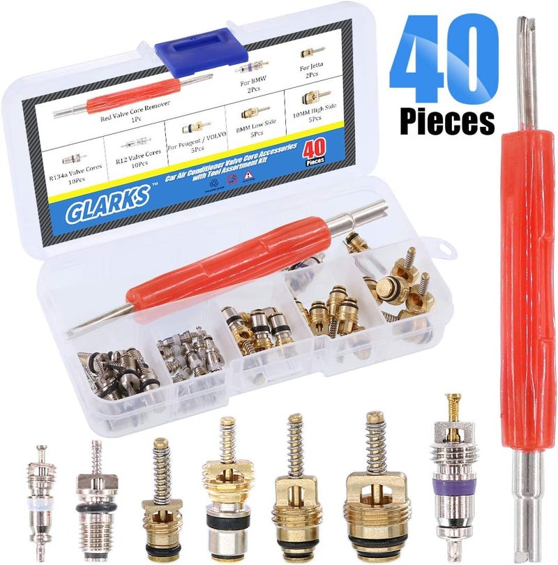 Glarks 40Pcs Car Air Conditioner Valve Core Schrader Valve Cores Accessories A/C R12 R134a Refrigeration Tire Valve Stem with Double Head Dual Dismantling Remover Installer Tool Assortment Kit - Image 1