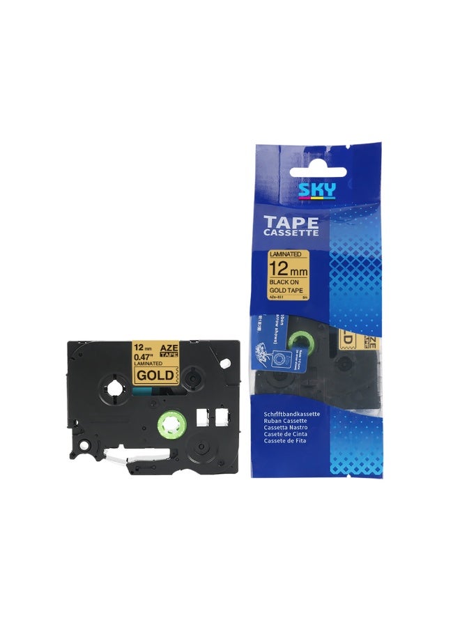 12 mm x 8 meter Black on Gold AZE Label Tape Cartridge for P-Touch Label Printers