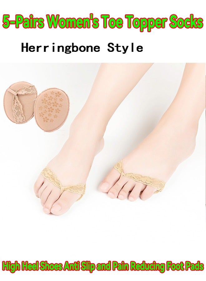 5-Pairs Women's Toe Topper Socks,Herringbone Style Forefoot Half Socks,High Heel Shoes Anti Slip and Pain Reducing Foot Pads,Invisible Foot Protection Socks,One Size,Colour Beige - Image 1